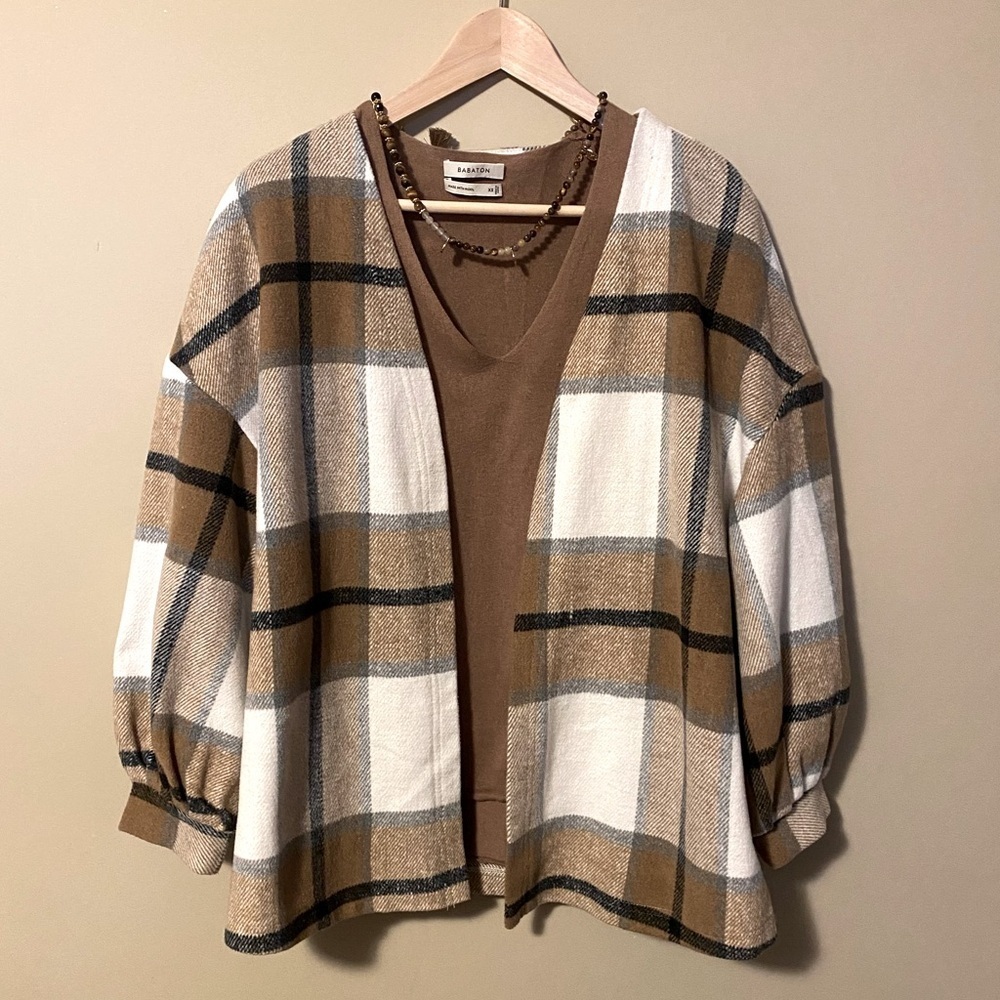 Plaid Shacket. Tan white and black .Medium